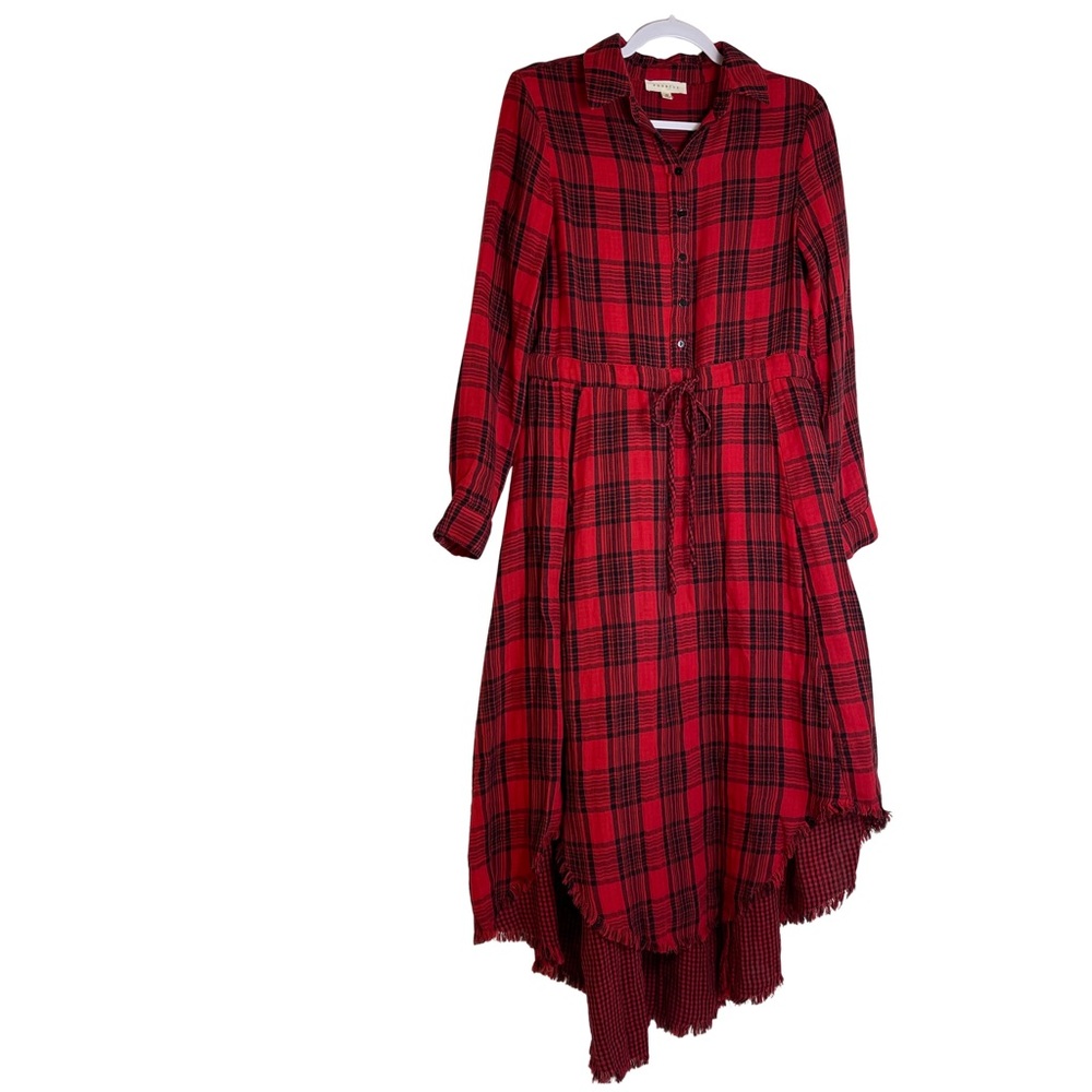 Red and Black Plaid Cottagecorp Maxi Dress Asymmetrical Raw Hem Sz M Prairie